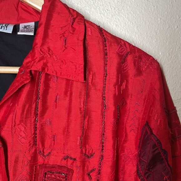 Vintage CHICO'S Women’s Patchwork Red & Black SILK Jacket size Small - Picture 3 of 9